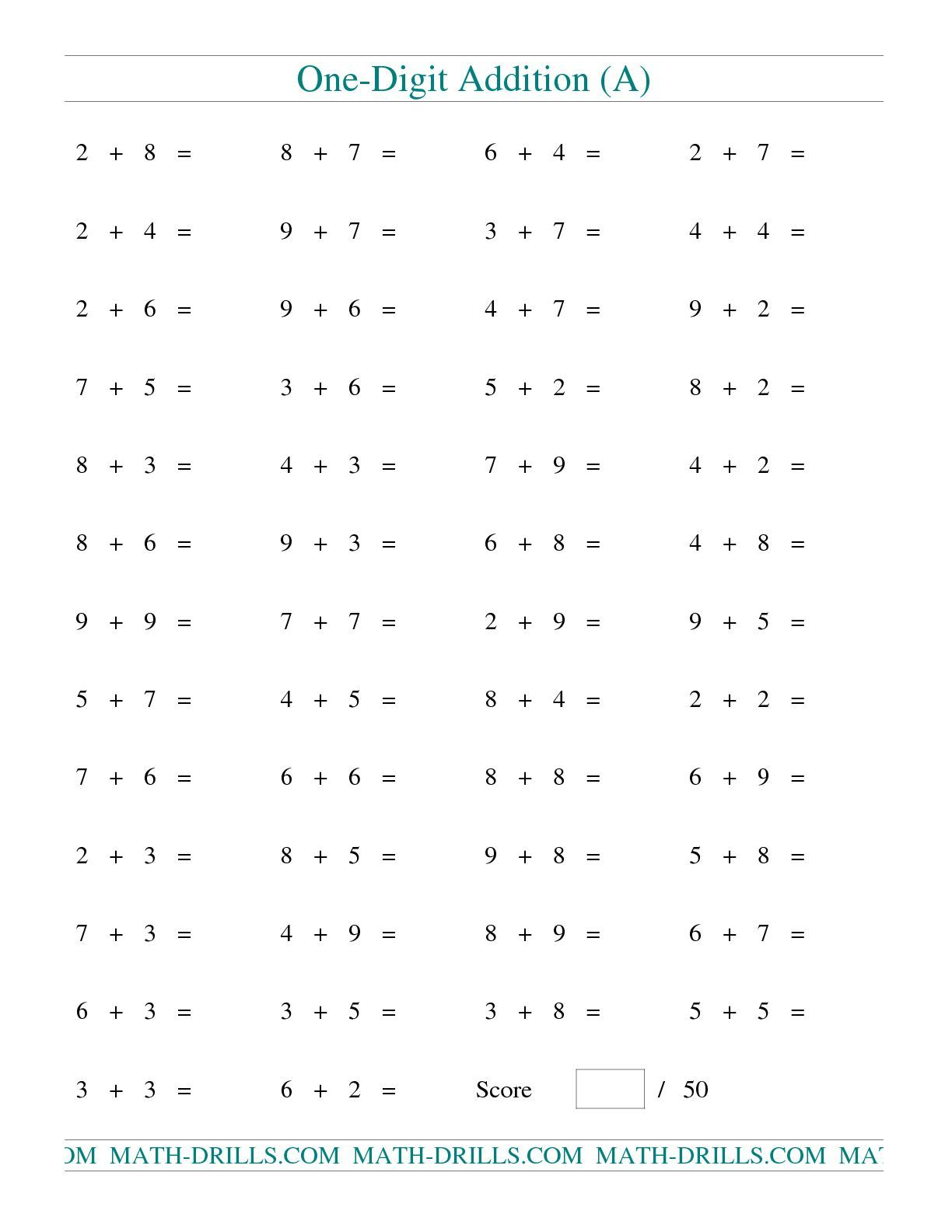 The Single Digit Addition — 50 Horizontal Questions — Some throughout Printable 50 Multiplication Facts Test The Single Digit Addition -- 50 Horizontal Questions -- Some throughout Printable 50 Multiplication Facts Test