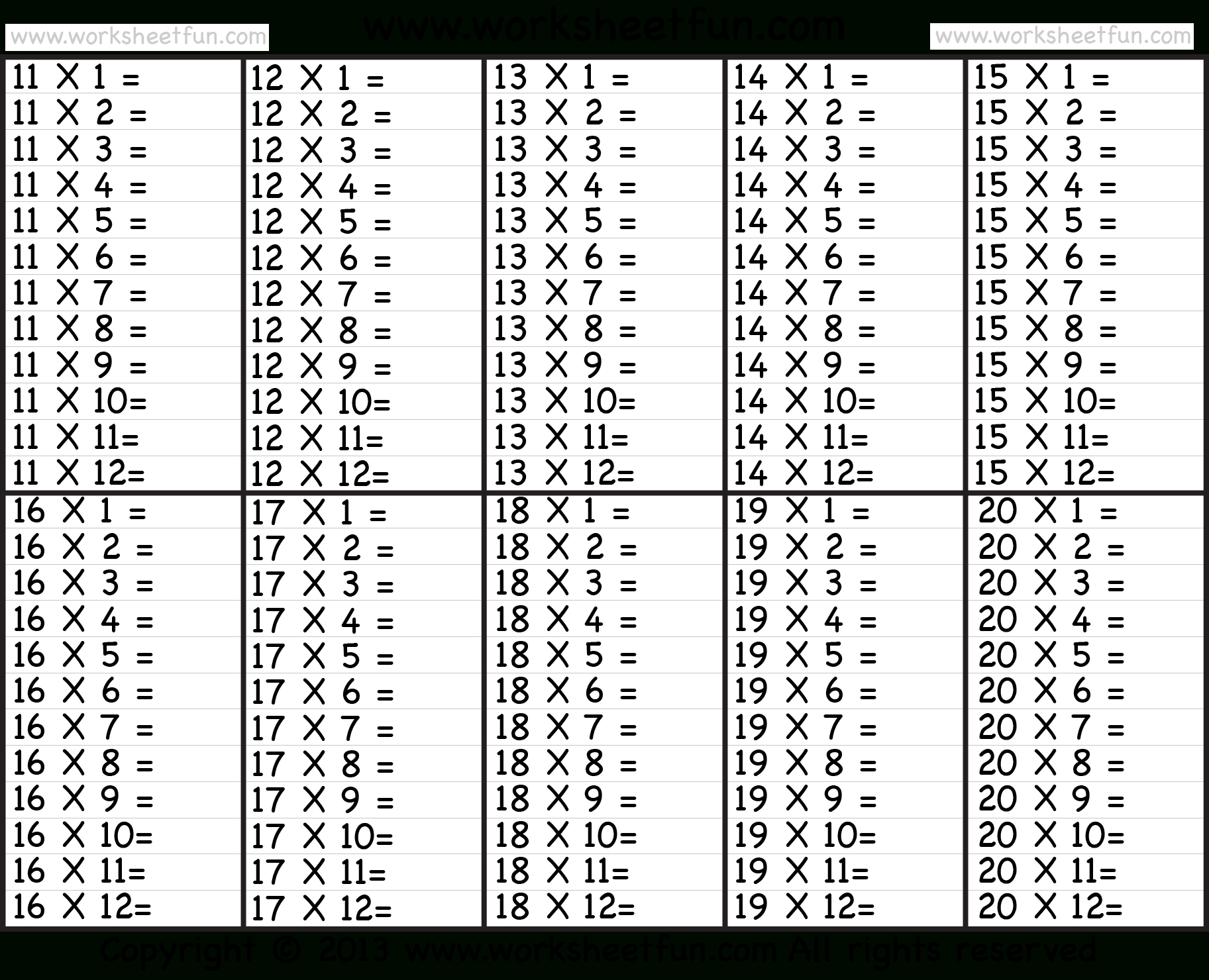 Times Table – 2-12 Worksheets – 1, 2, 3, 4, 5, 6, 7, 8, 9 pertaining to Printable Multiplication Chart 1-15