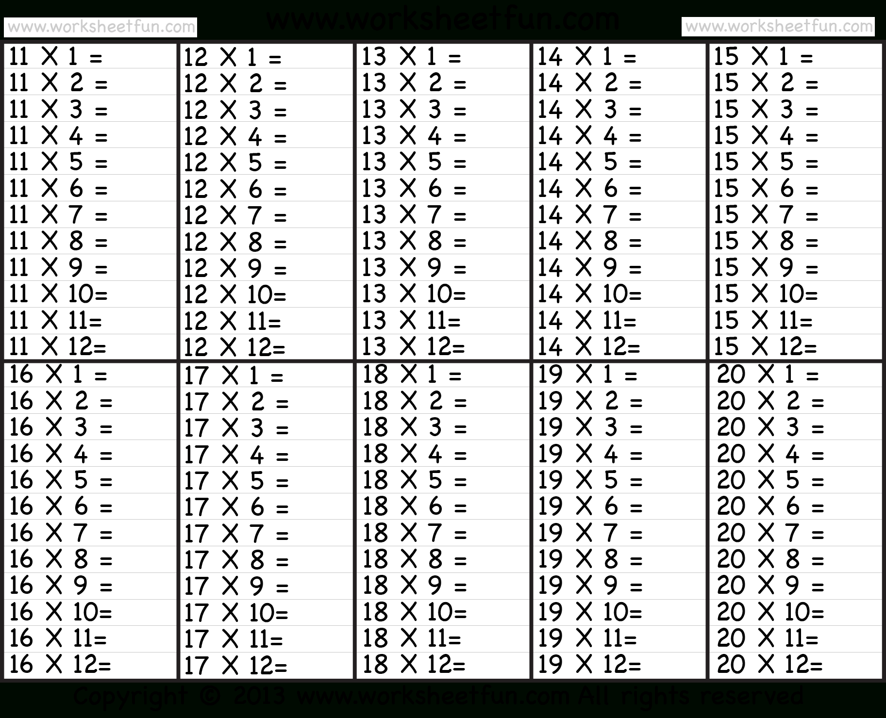 Times Table – 2-12 Worksheets – 1, 2, 3, 4, 5, 6, 7, 8, 9 pertaining to Printable Multiplication Table 1-20 Pdf