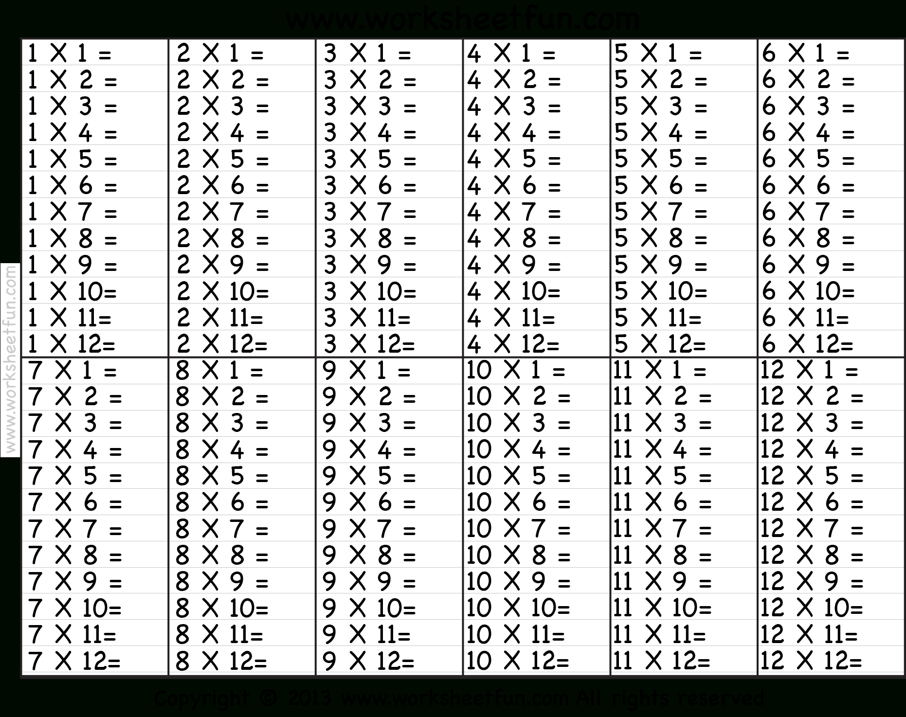 Times Table – 2-12 Worksheets – 1, 2, 3, 4, 5, 6, 7, 8, 9 with Multiplication Worksheets Numbers 1-12