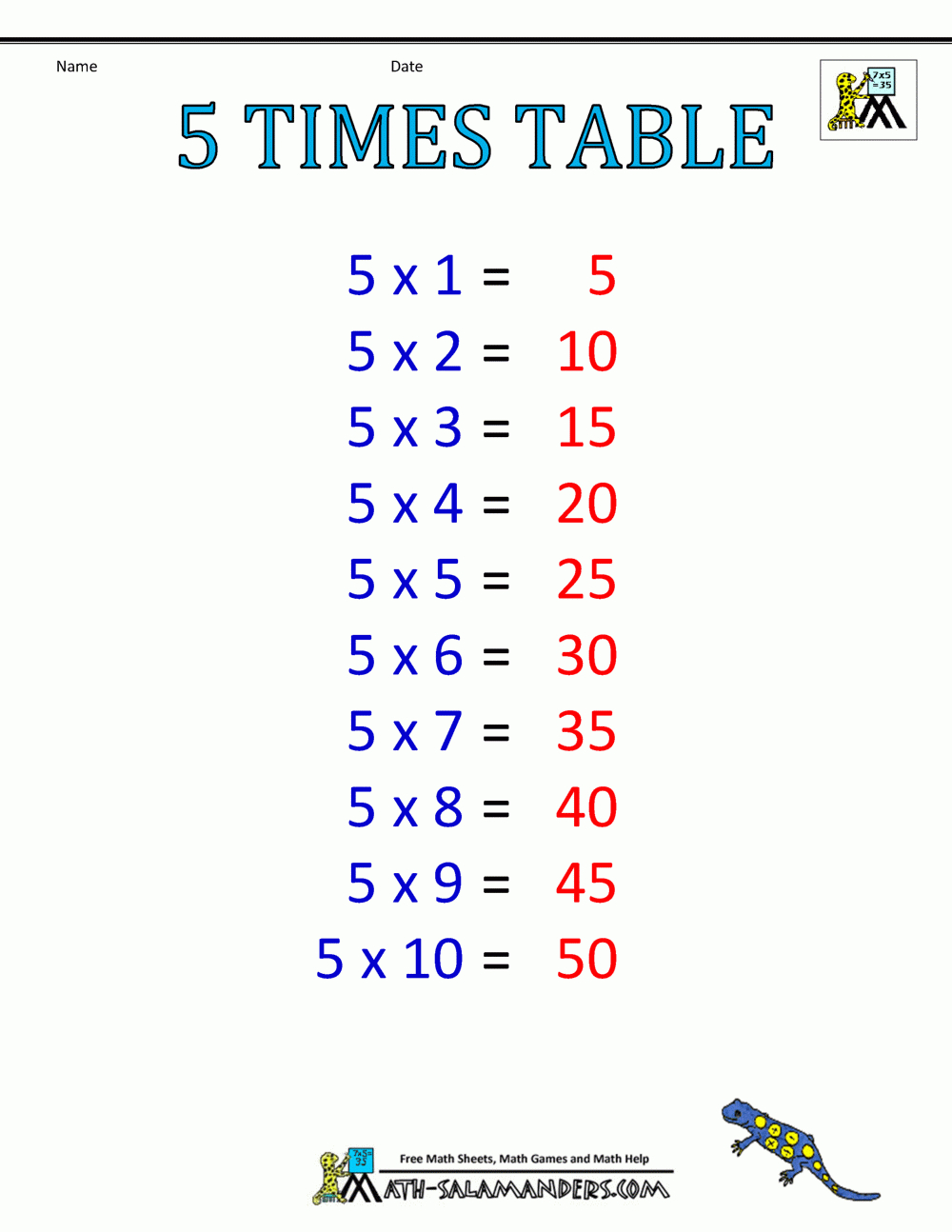 Times Table Chart 1-6 Tables inside Printable Multiplication Table 5