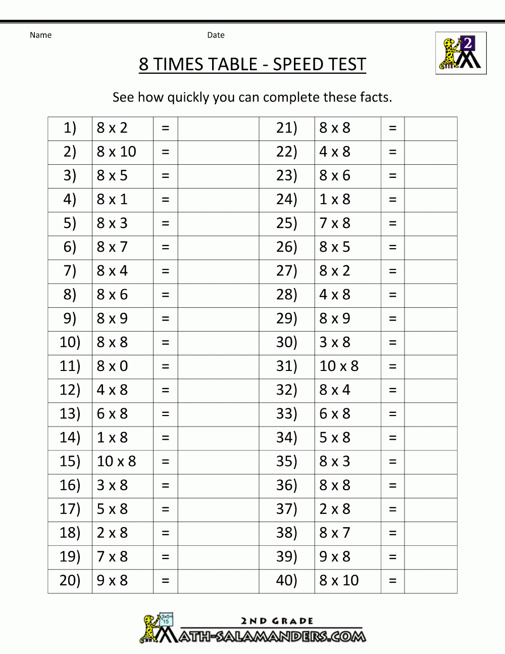 Times Table Test 8 Times Table Speed Test | Times Tables for Printable Multiplication Times Table