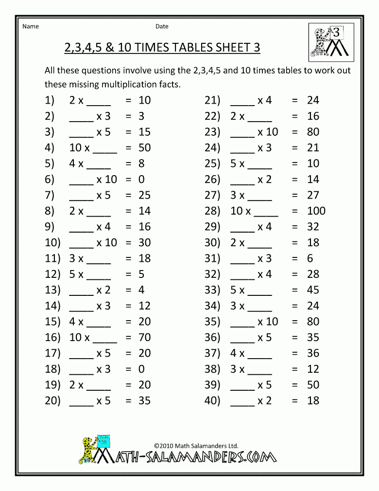 Times Tables Worksheets From Mathsalamanders | Fun Math in Printable Multiplication Table Quiz