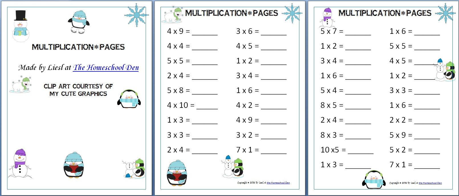 Winter Themed Multiplication Pages - Homeschool with Homeschool Multiplication Worksheets