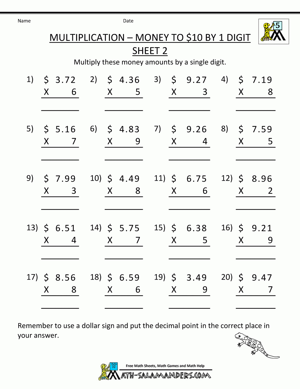 Printable Multiplication Sheets For 5Th Graders