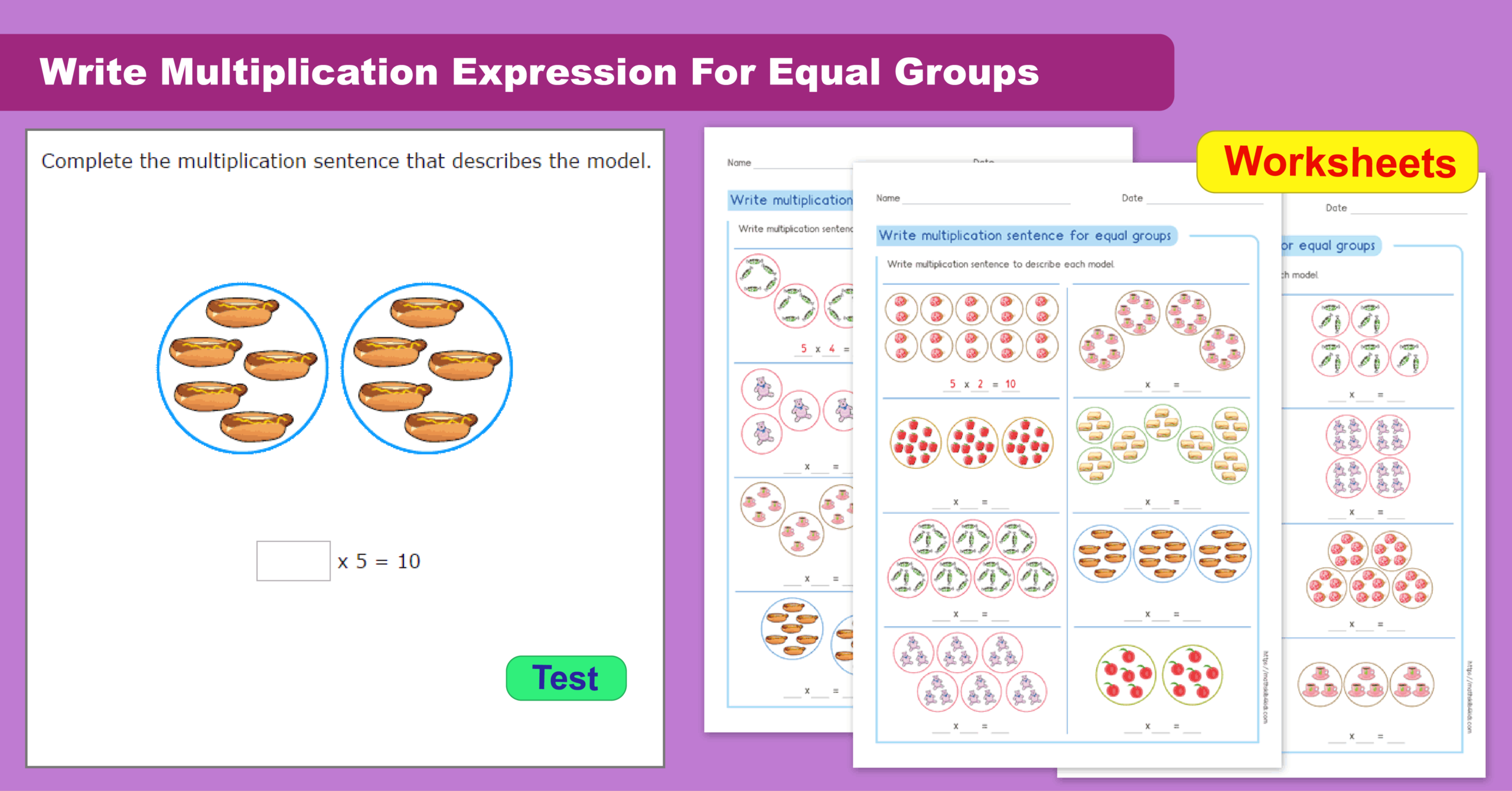 Write Multiplication Expression For Equal Groups in Multiplication Worksheets Equal Groups