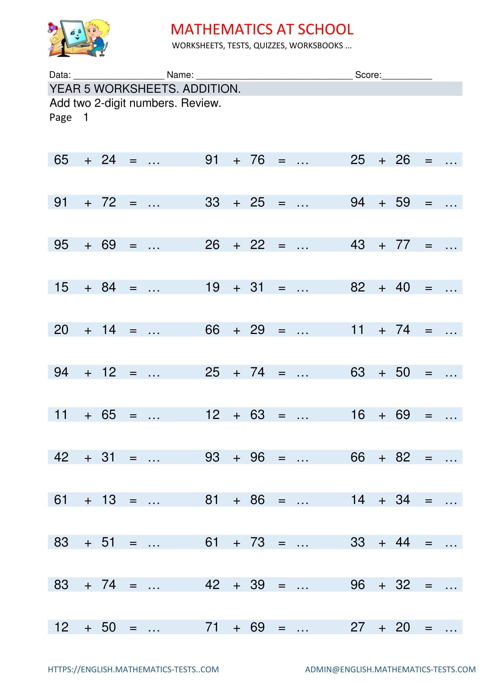 Year 5 Maths Worksheets: Addition Adding Two 2-Digit Numbers pertaining to Multiplication Worksheets Year 5 Pdf