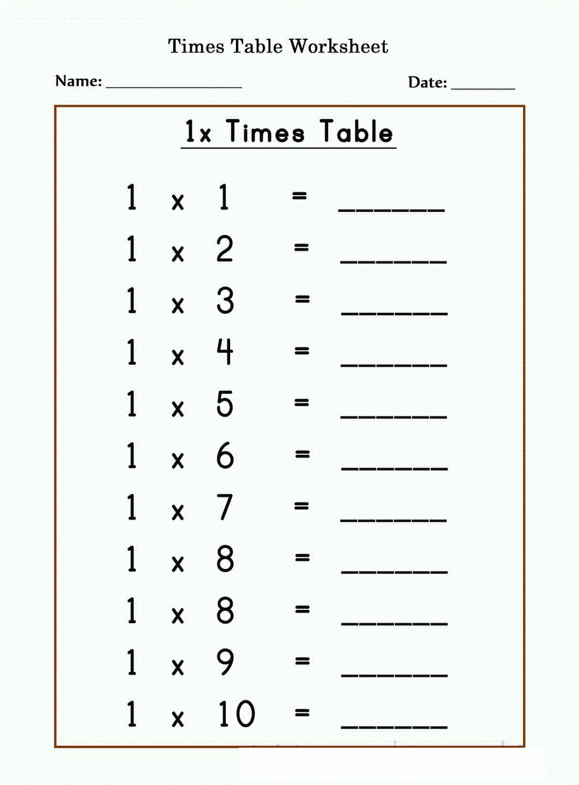 1 Times Tables Worksheets Activity Shelter 1 Times Tables
