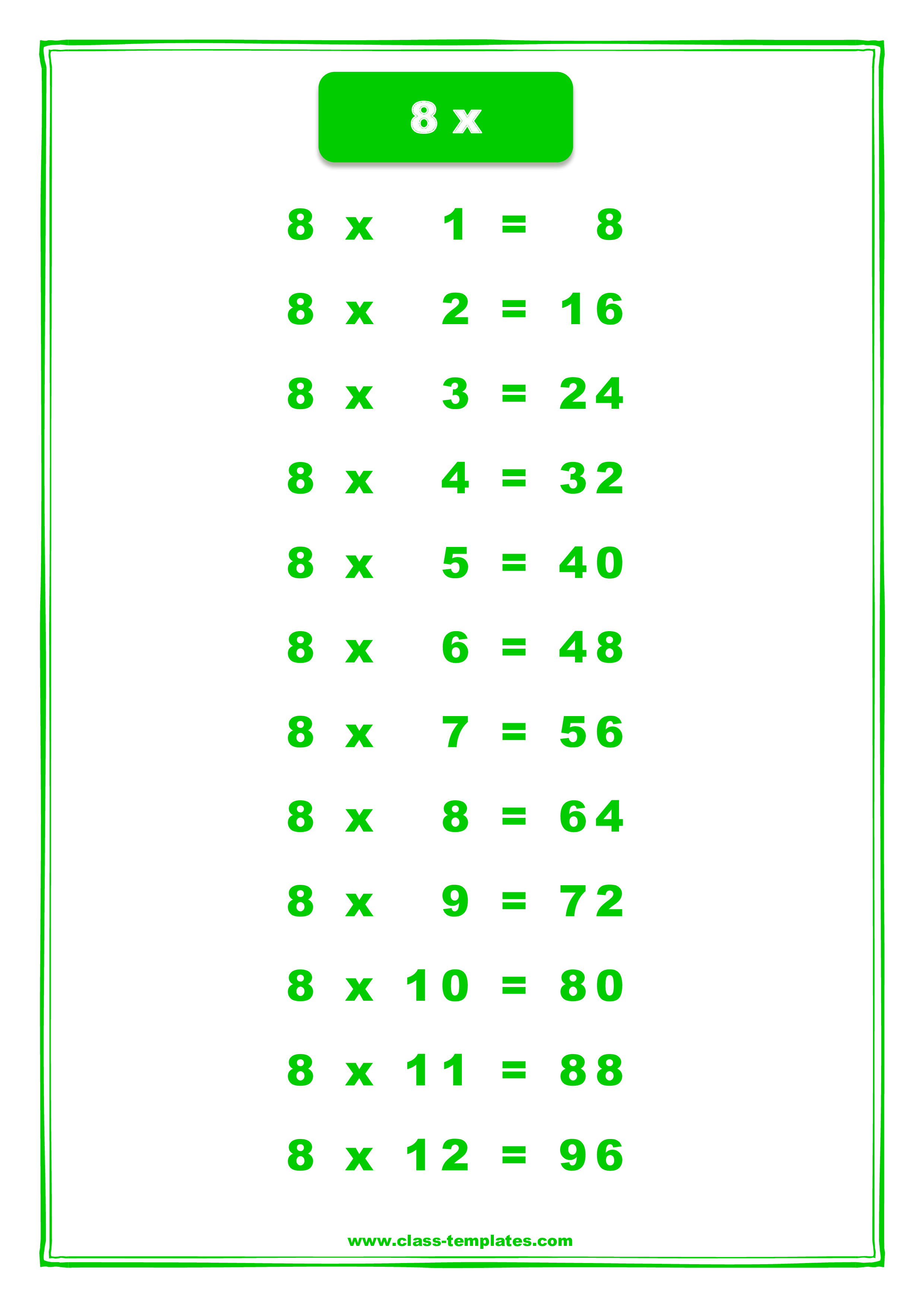 8X Times Table Chart | Templates At Allbusinesstemplates