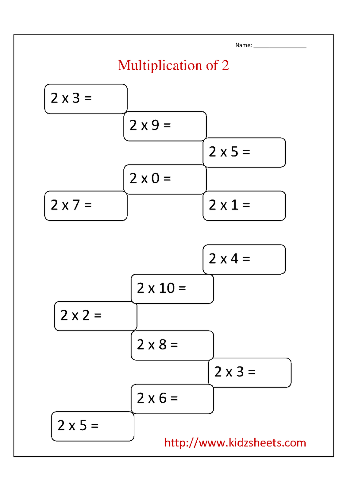 Kidz Worksheets: Second Grade Multiplication Table 2