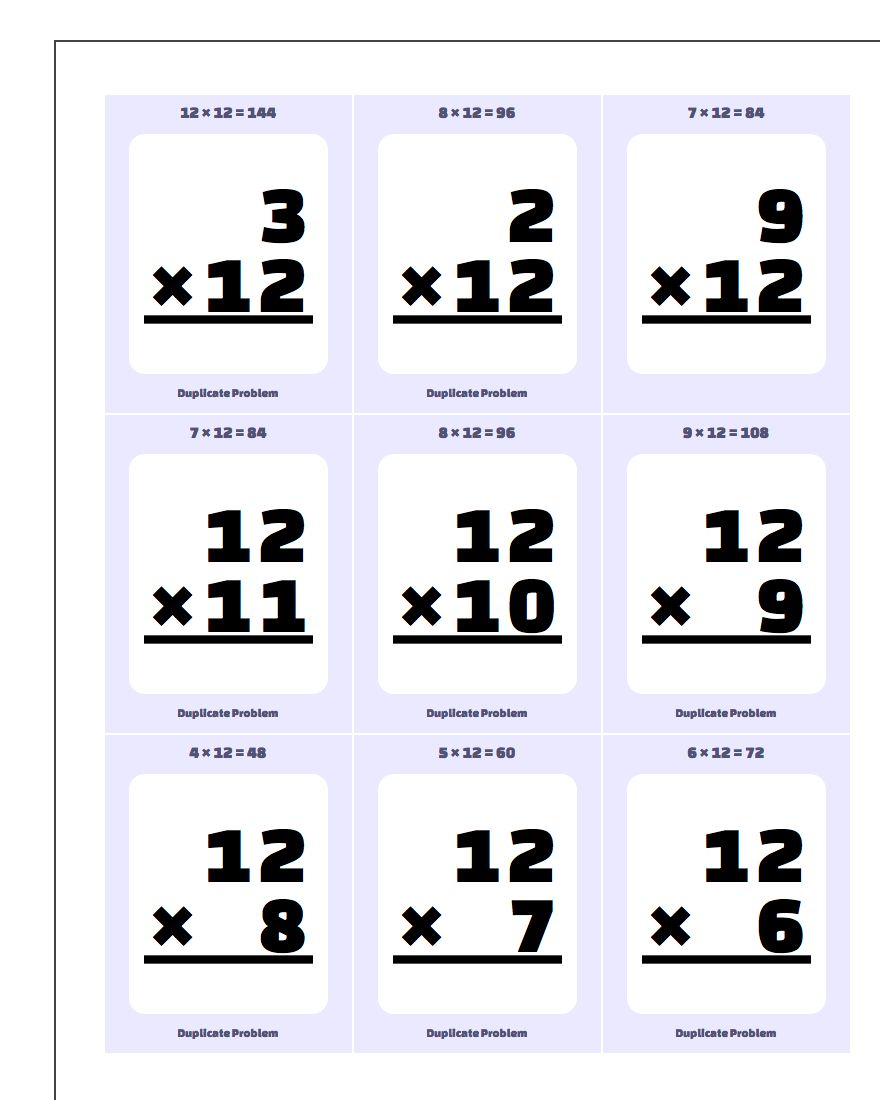 Multiplication10, 11, 12 Flash Cards