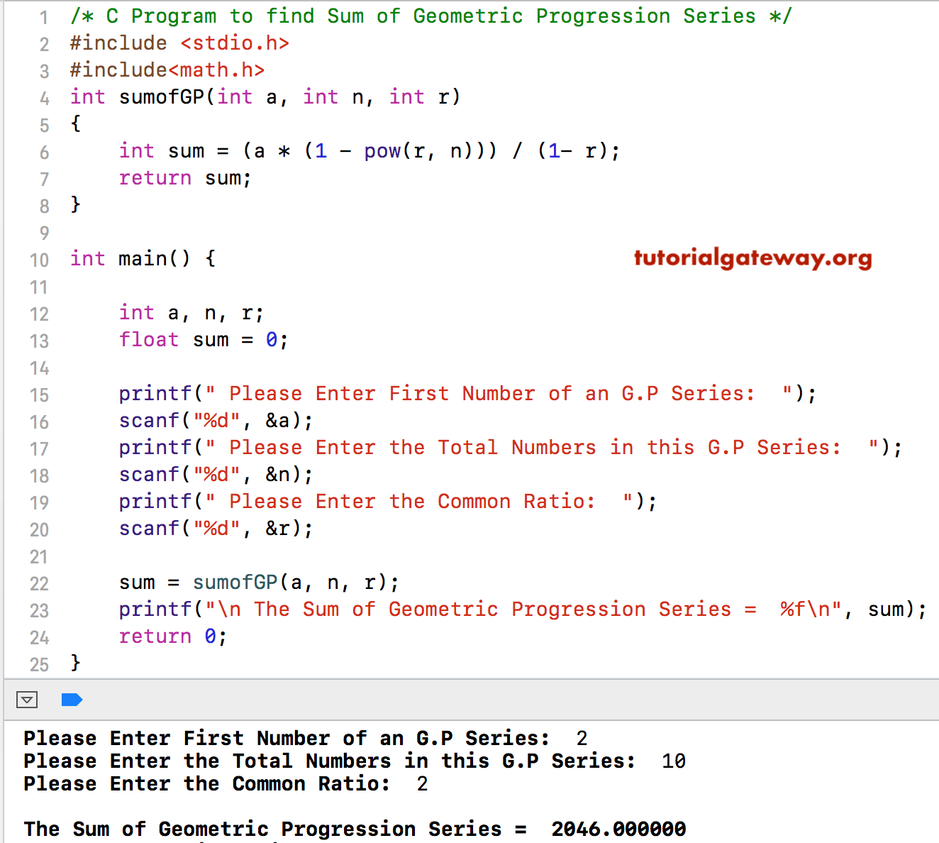 C Program To Find Sum Of Geometric Progression Series