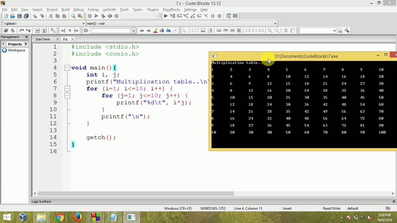 C Programming - Multiplication Table Using Nested For Loop