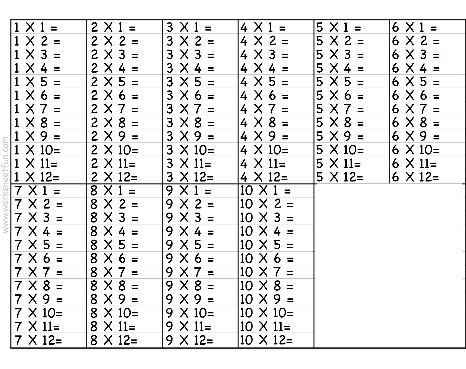 Printable Multiplication Table 1-10 Chart