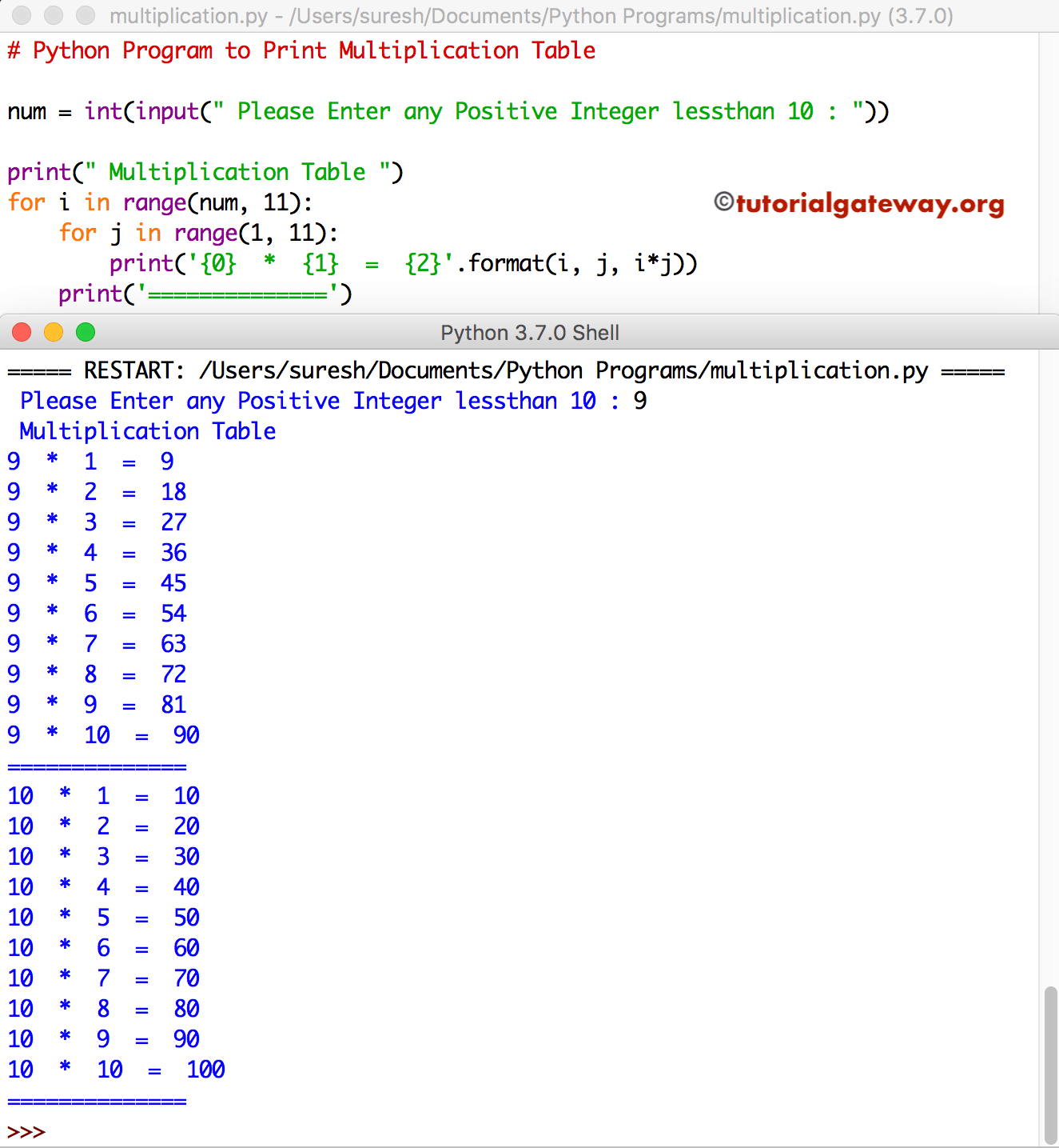 Python Program To Print Multiplication Table