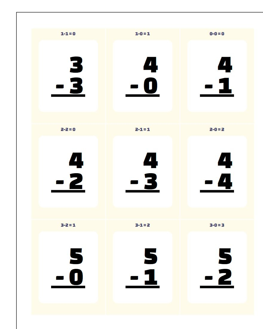 Subtraction Flash Cards