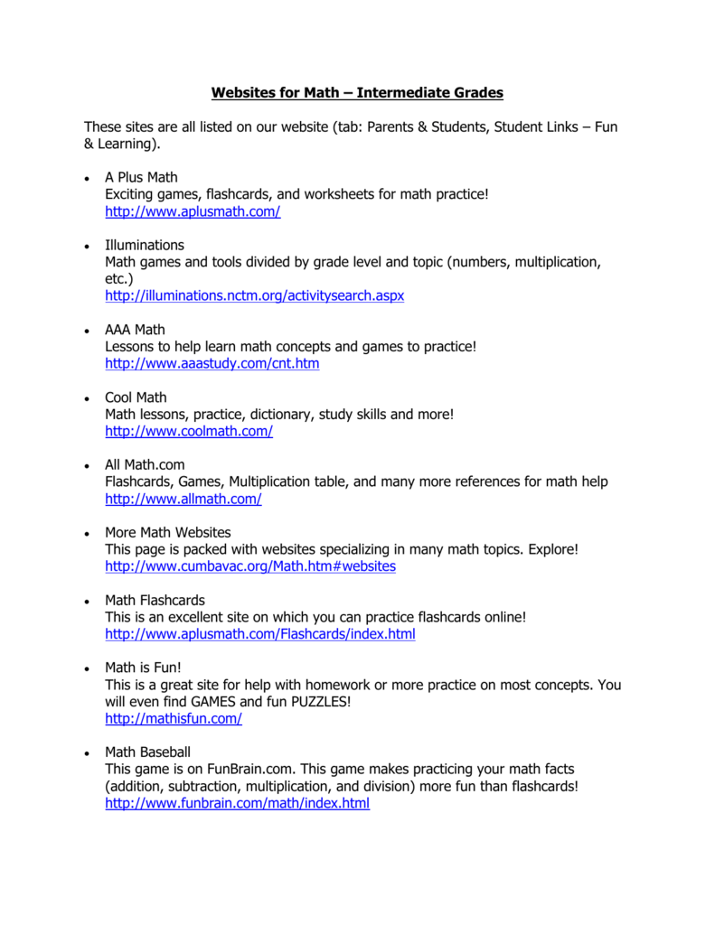 Websites For Math – Intermediate Grades Websites For Math – Intermediate Grades