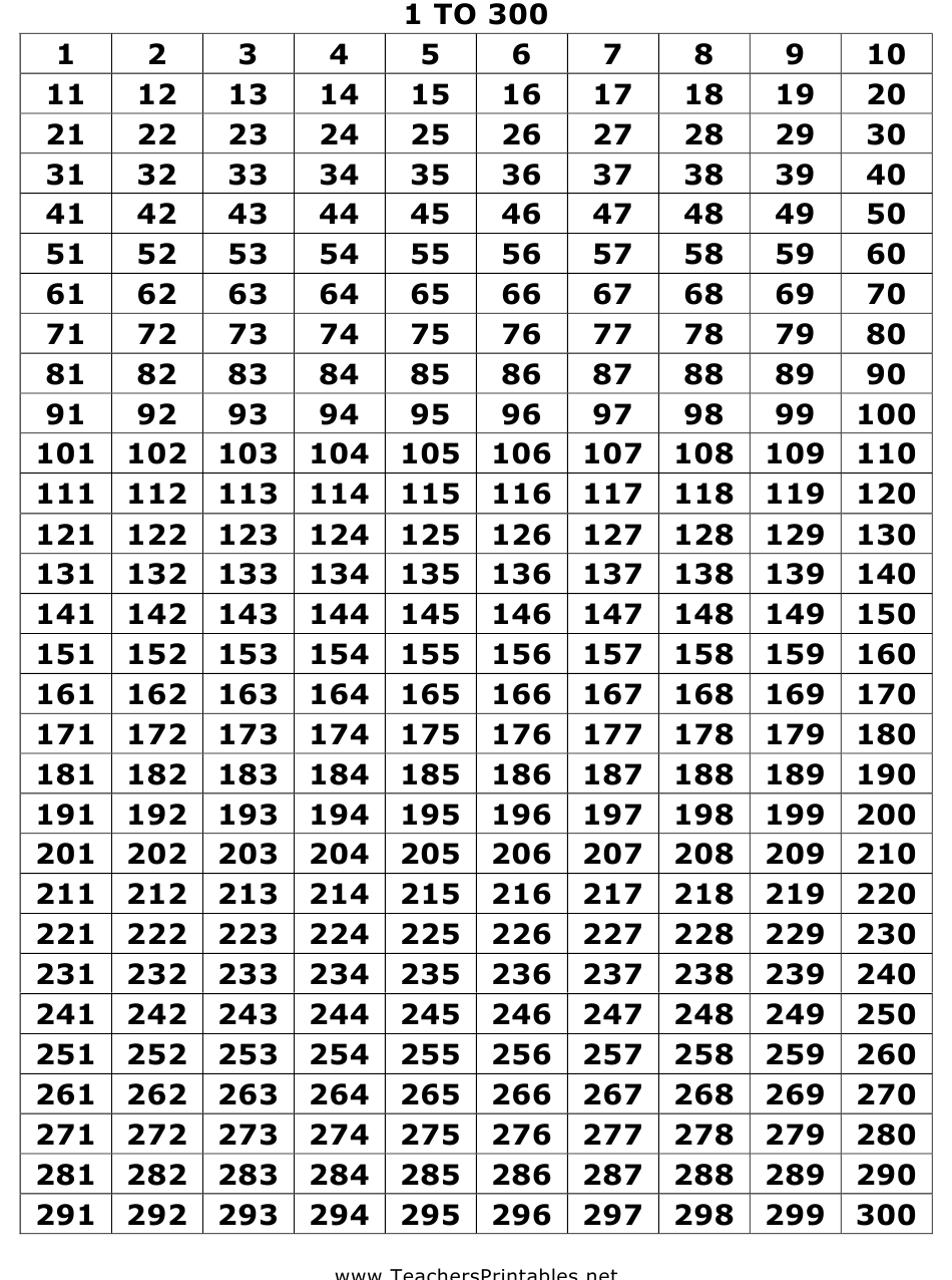 1 To 300 Numbers Chart Download Printable Pdf | Templateroller