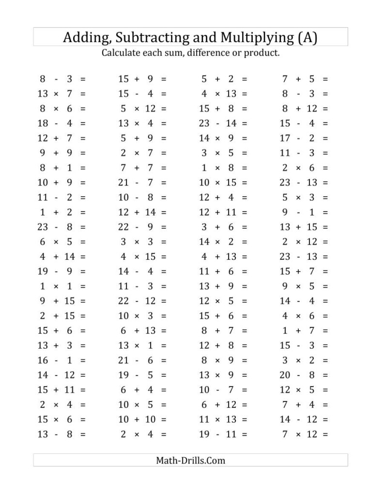 100 Horizontal Addition/subtraction/multiplication Questions 100 Horizontal Addition/subtraction/multiplication Questions