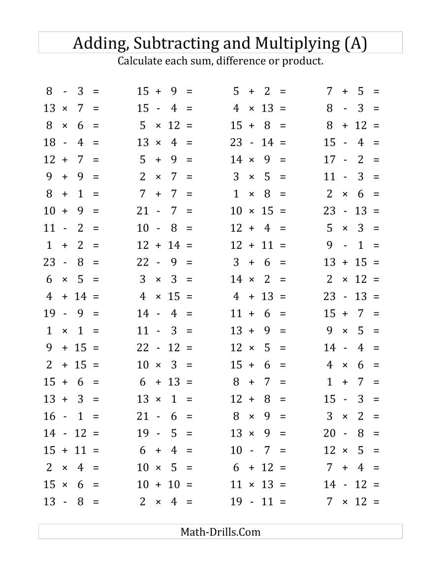 100 Horizontal Addition/subtraction/multiplication Questions