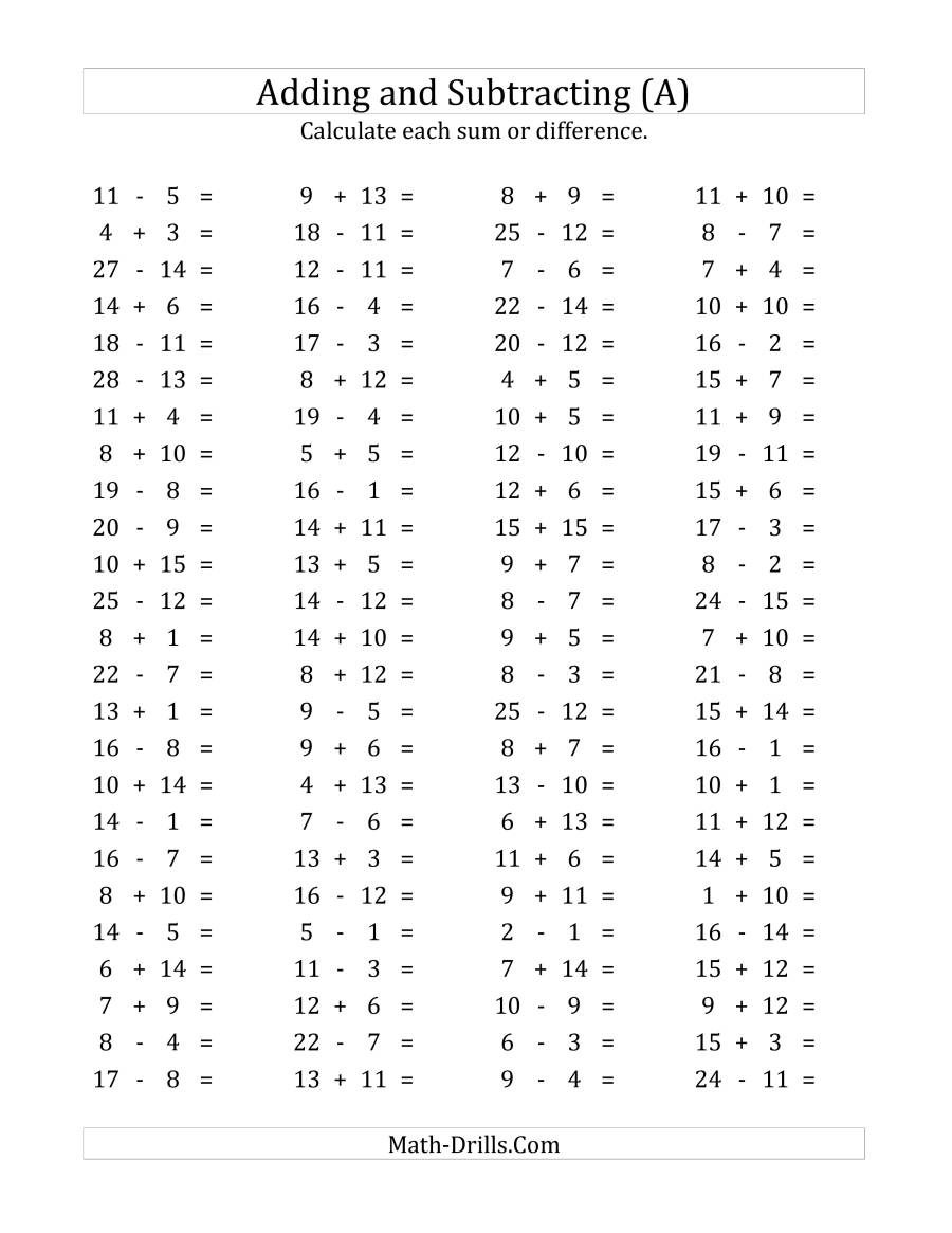 100 Horizontal Addition/subtraction Questions (Facts 1 To 15