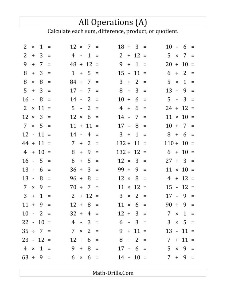 100 Horizontal Mixed Operations Questions (Facts 1 To 12) (A) 100 Horizontal Mixed Operations Questions (Facts 1 To 12) (A)