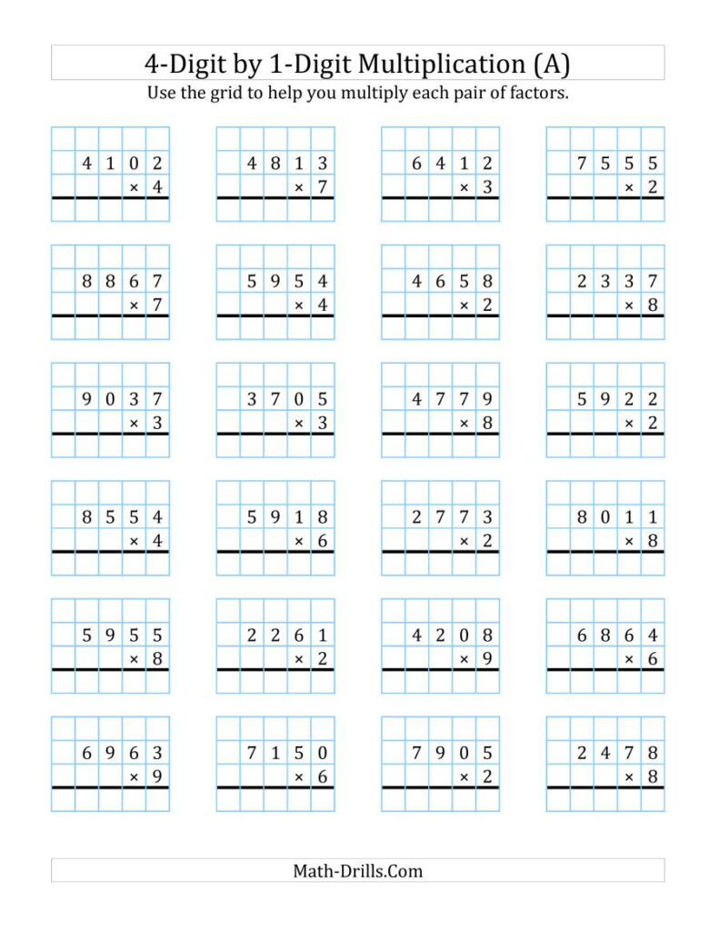 4 Digit1 Digit Multiplication With Grid Support (A) 4 Digit1 Digit Multiplication With Grid Support (A)