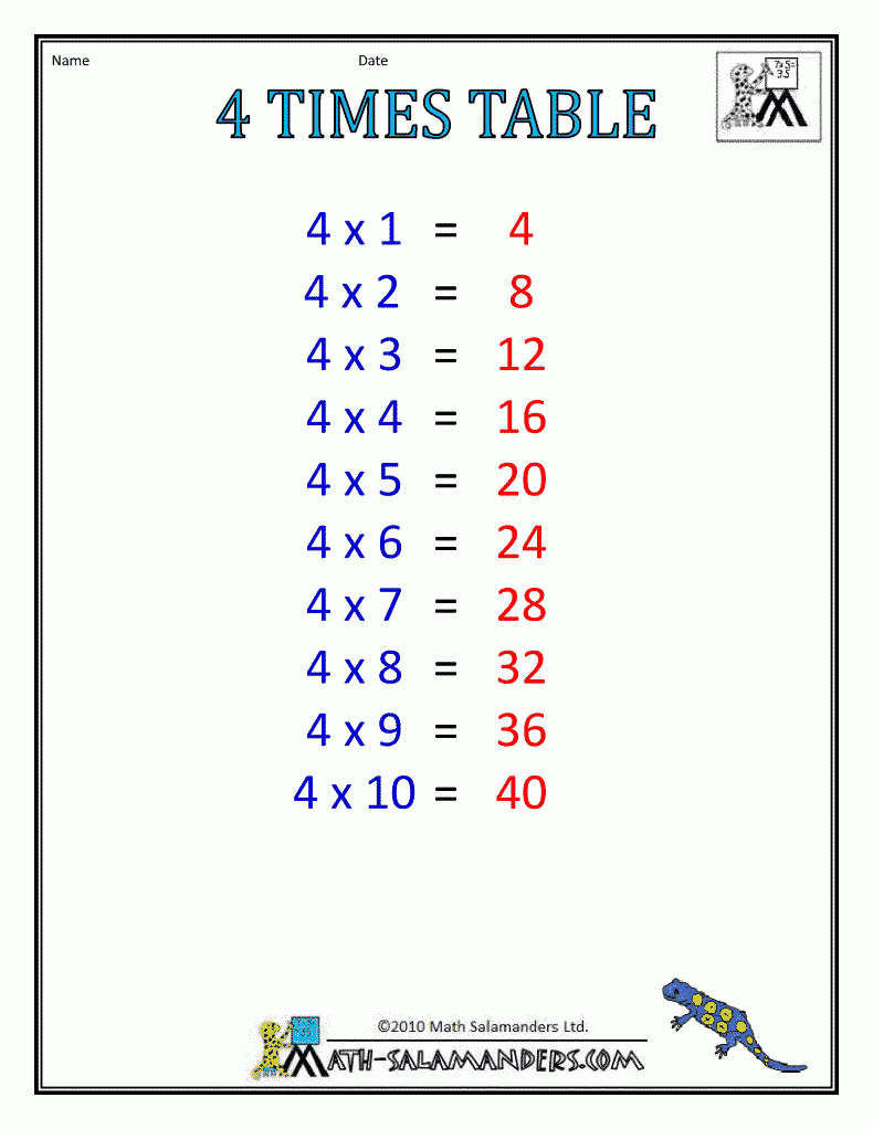 4 Times Table | Times Table Color 4 Times Table B/w | Times