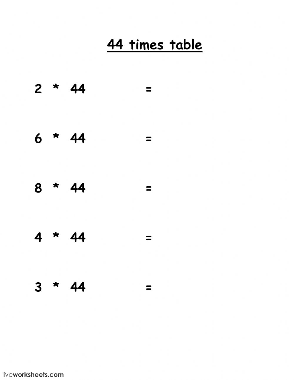 44 Times Table Worksheet
