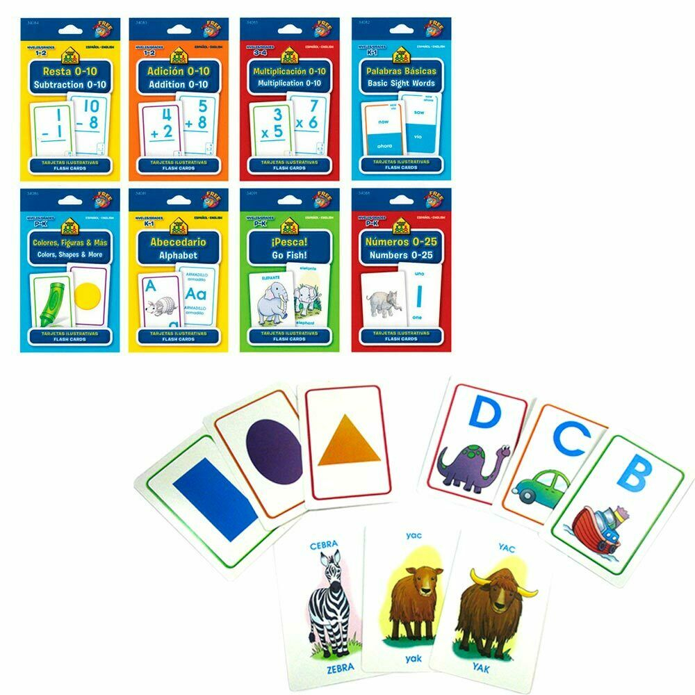 8 Early Learning Flash Cards English Spanish Math Colors Shapes Alphabet  School
