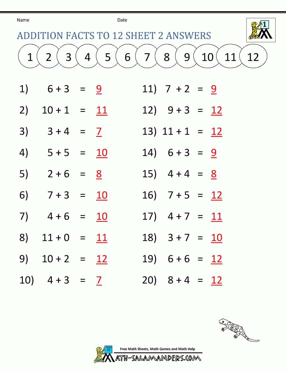 Addition Facts To 20 Worksheets