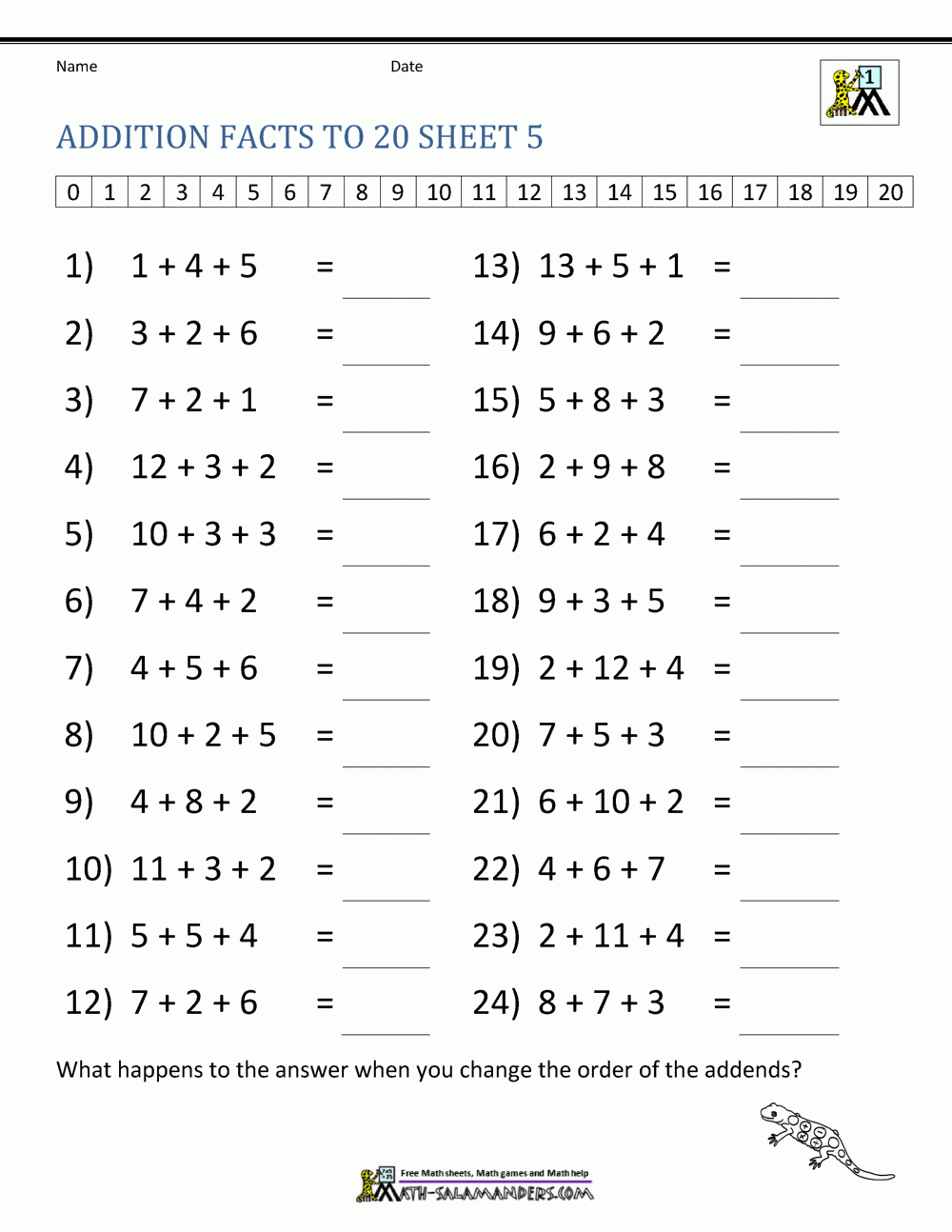 Addition Facts To 20 Worksheets