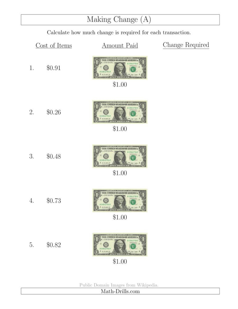 Making Change From U.s. $1 Bills (A) Making Change From U.s. $1 Bills (A)