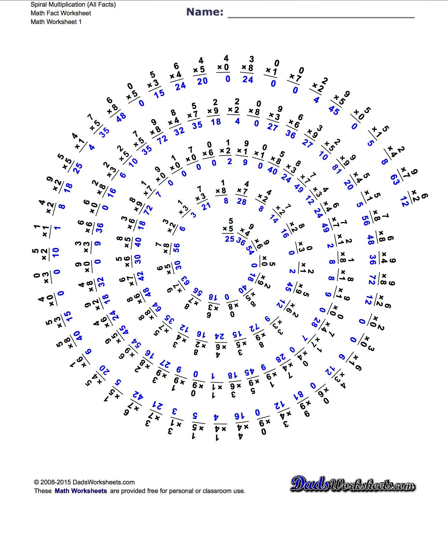 Math Worksheets: Spiral Multiplication Facts | Math Fact