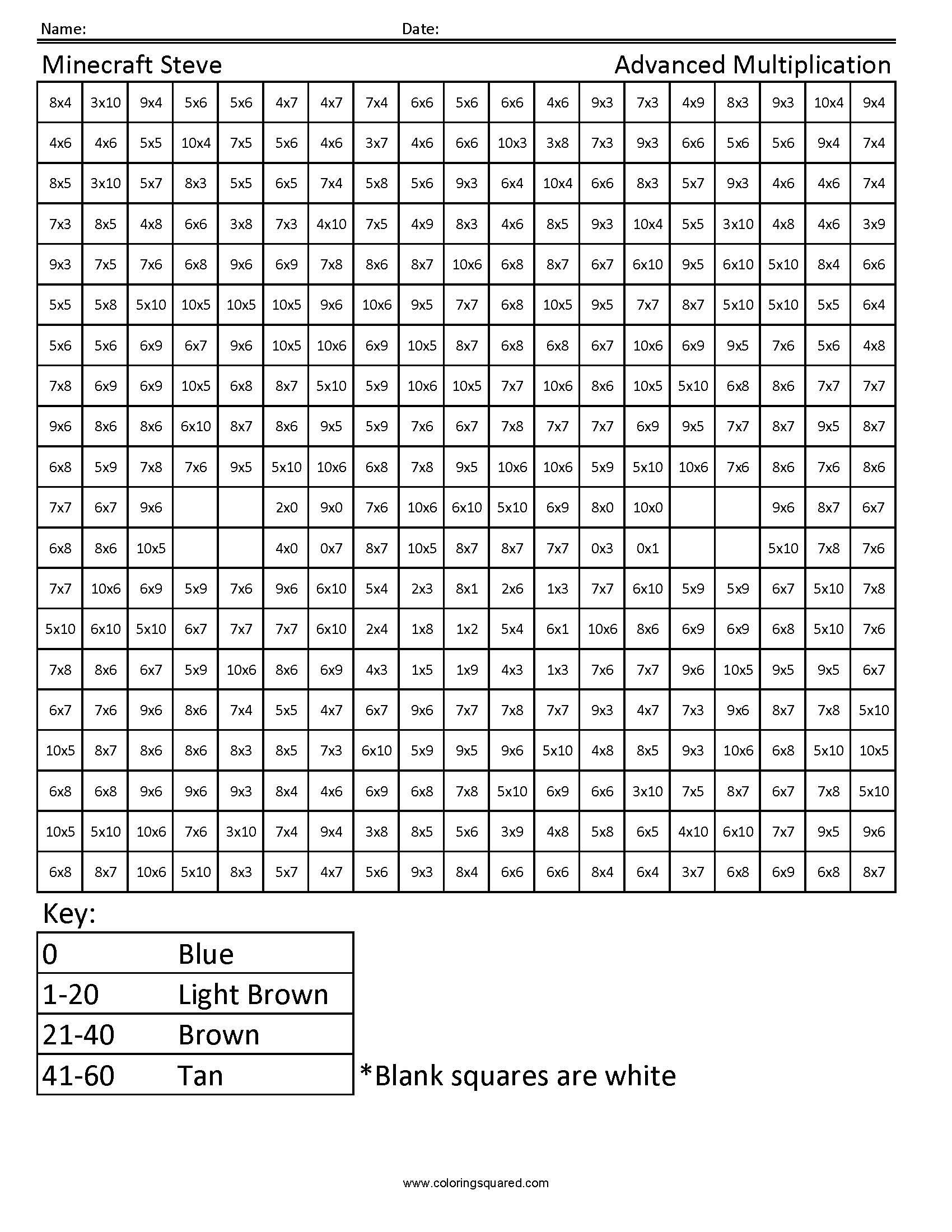 Minecraft Steve- Advanced Multiplication - Coloring Squared