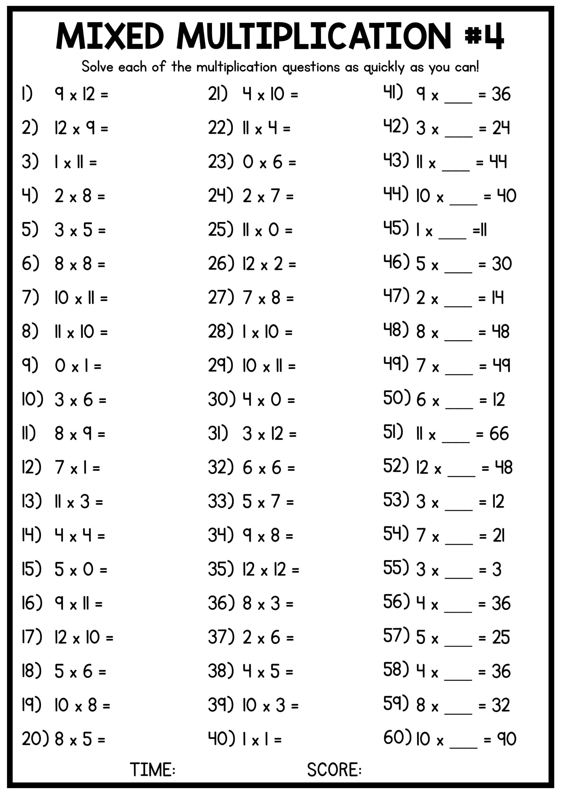 Mixed Multiplication Times Table Worksheets - 4 Free