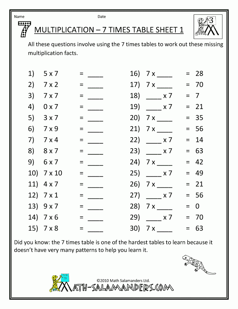 Times 7 Multiplication Worksheets