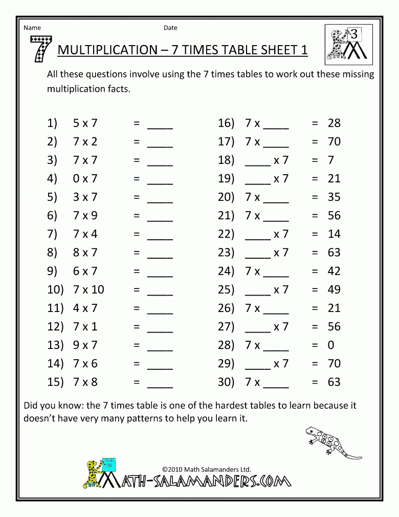  Multiplication 7 Worksheet Printable