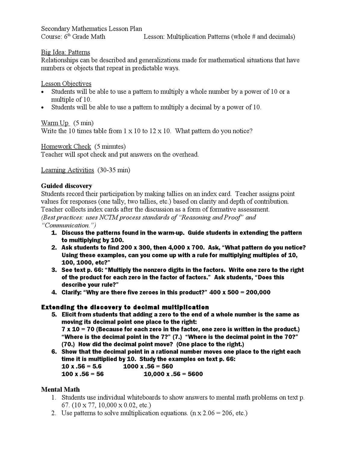 Multiplication Patterns: Lesson Plantransform Now