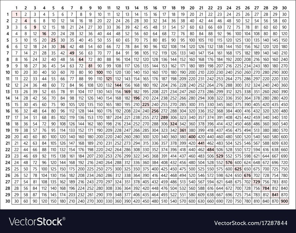 Multiplication Table 30X30 Vector Image On Vectorstock