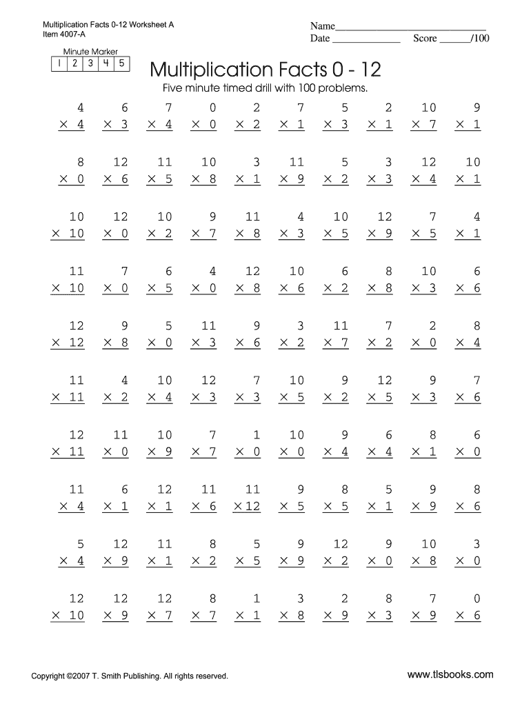 Multiplication Timed Test Printable 0 12 - Fill Online