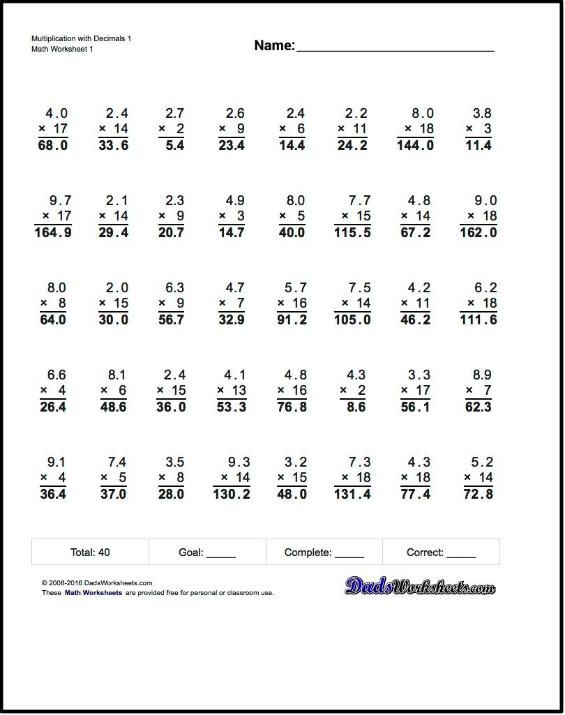 Multiplication With Decimals These Worksheets Start With