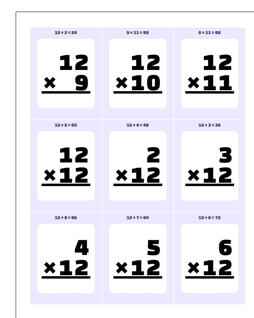 Multiplication10, 11, 12 Flash Cards