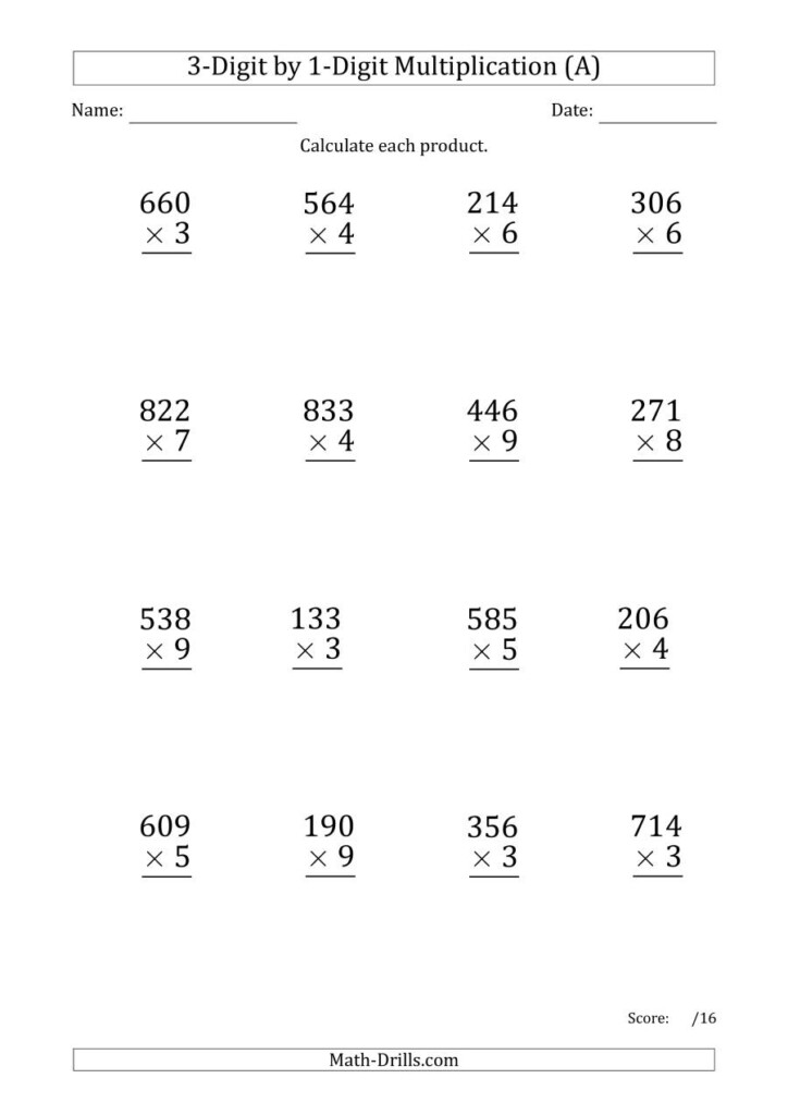 Multiplying 3 Digit1 Digit Numbers (Large Print) With