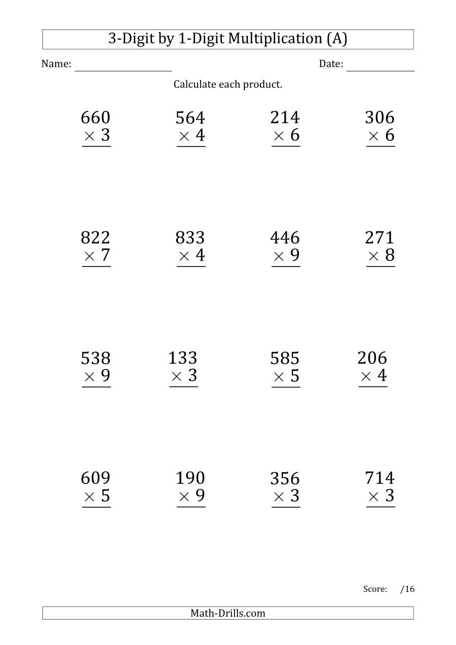 Multiplying 3-Digit1-Digit Numbers (Large Print) With