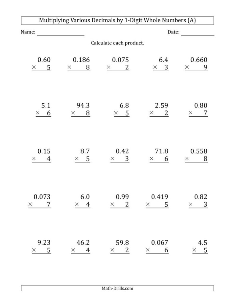 Multiplying Various Decimals1 Digit Whole Numbers (A) Multiplying Various Decimals1 Digit Whole Numbers (A)