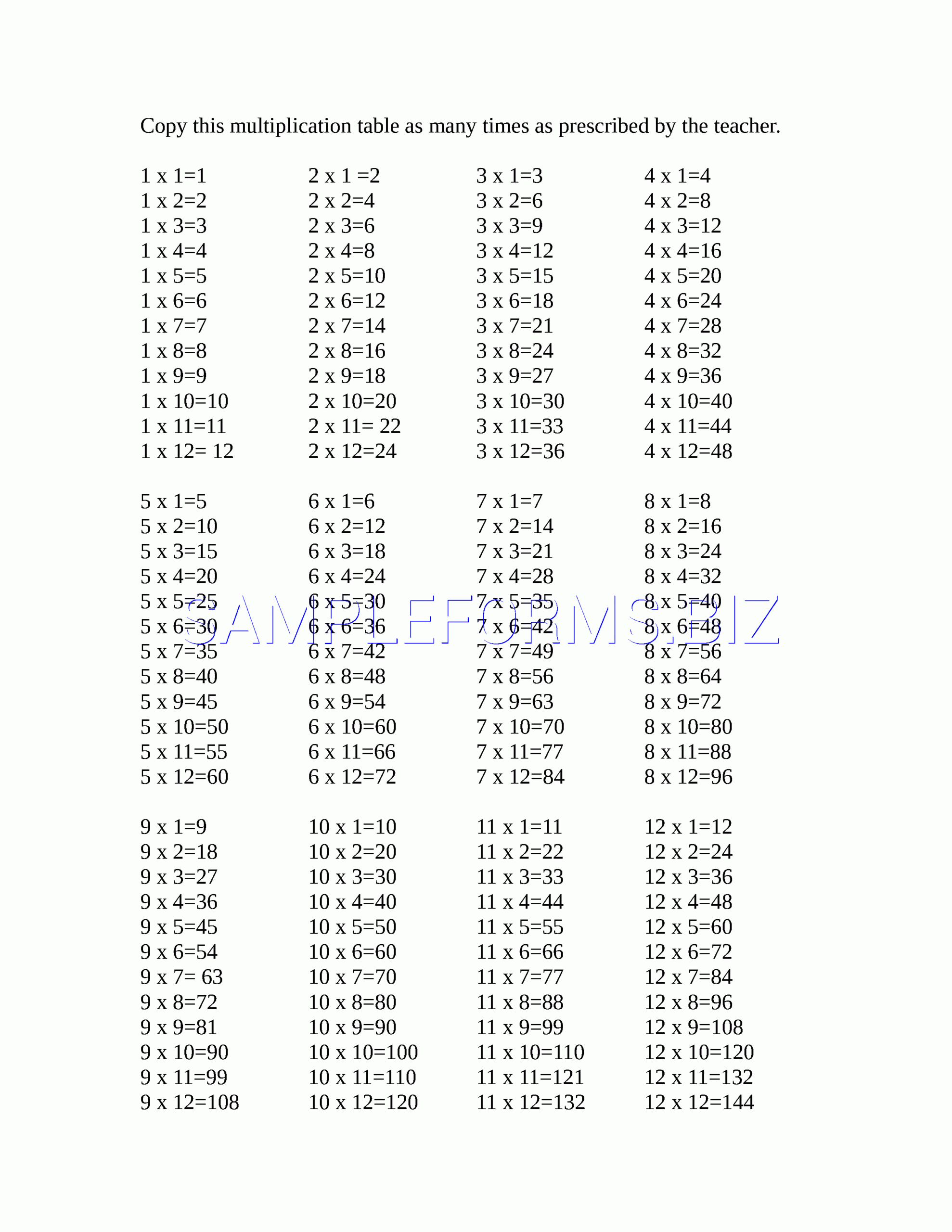 Preview Pdf Multiplication Table, 1