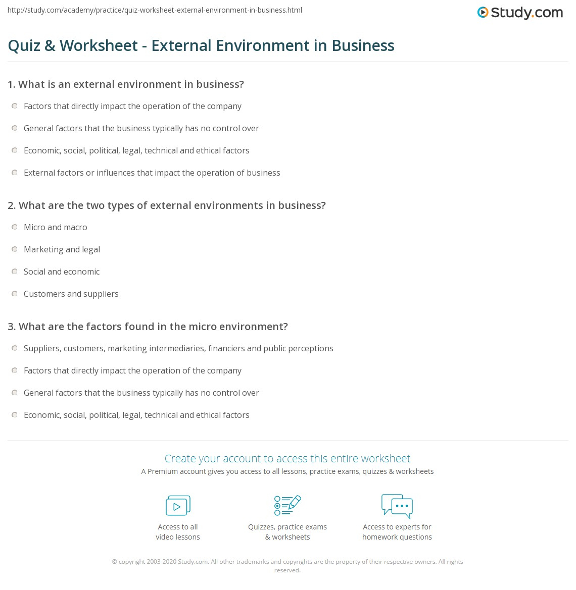 Quiz Worksheet External Environment In Business Study