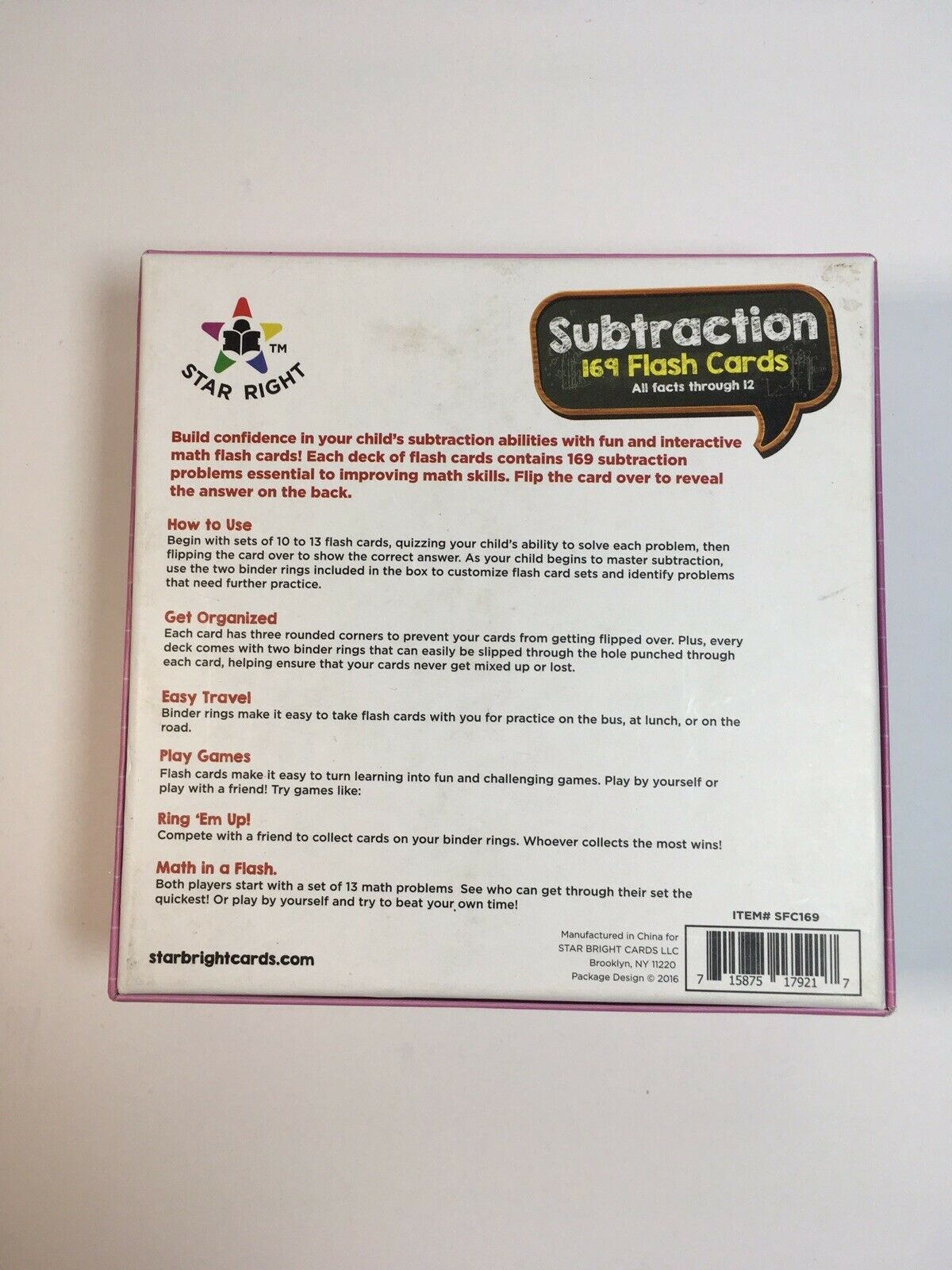 Star Right Education Subtraction Flash Cards 012 All Facts 169 With 2 Rings  Gift