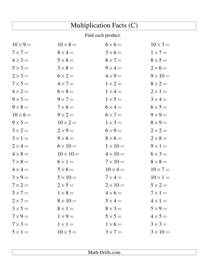 The 100 Horizontal Questions Multiplication Facts To 100 The 100 Horizontal Questions Multiplication Facts To 100